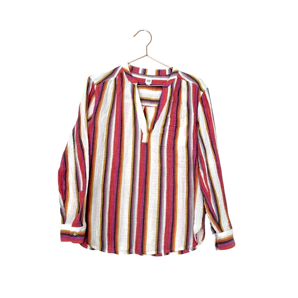 GAP pink Yellow, and White Striped gauze v neck Blouse medium
